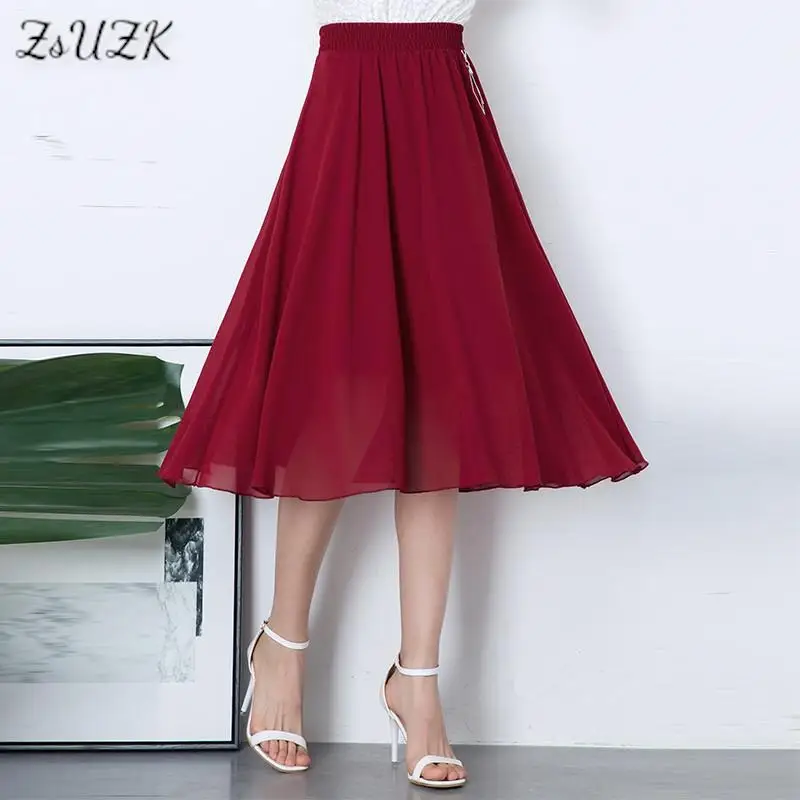 ZUZK Summer Chiffon Skirts For Women New Elastic Waist Fashion Knee-Length Big Swing Chiffon Skirt Cool Droop Skirt Jupe 5Colors