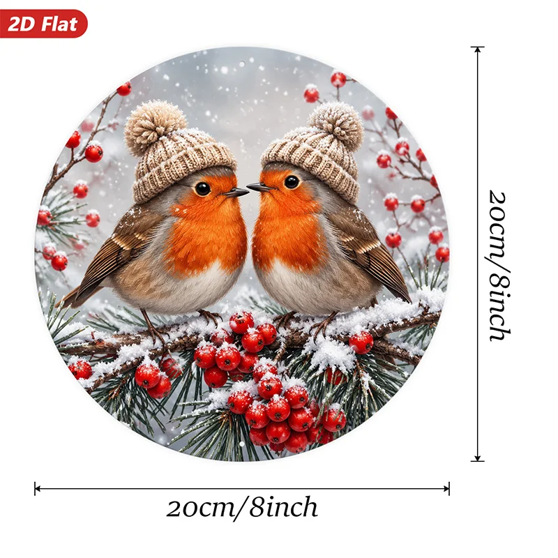 2D Flat, 1pc Round Metal Sign Wall Art, Christmas Home Decor, Winter Birds Art, Snowy Scene, Berries Design, - Hat Elements, for