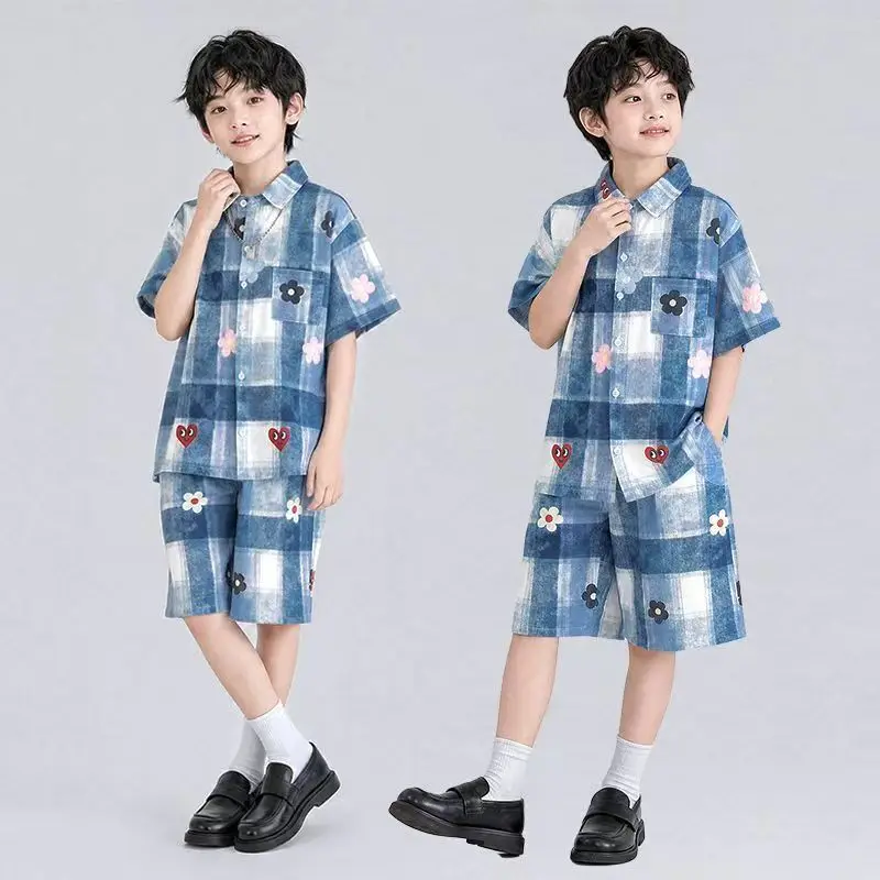 Teenager Boys Summer Clothes Outfit Set 2026 New Mid to Large Size Child Boy Shirt Shorts 2pcs Suit Junior Kids Clothes