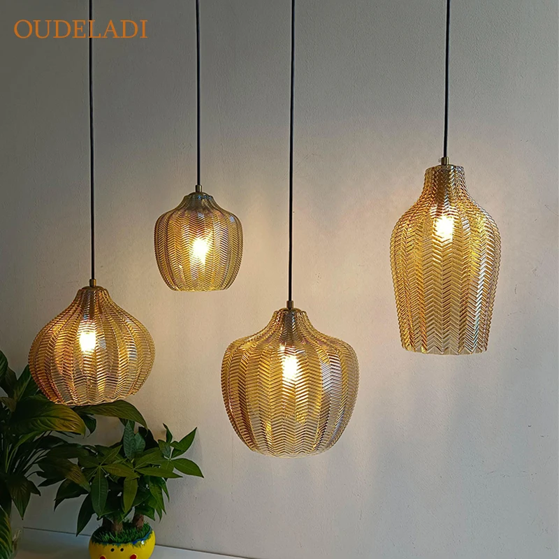 

Nordic Pendant Lights Amber Glass Hanging Lamp Kitchen E27 Luminaires Restaurant Bedroom Bedside Decor lamp