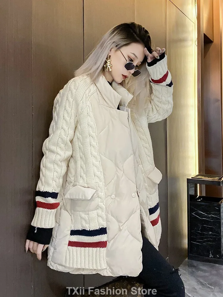 Knitting Patchwork Woman Down Coat New Fake Two Piece Thickening Women Jackets Single-Breasted Pockets Fashion Female Winter