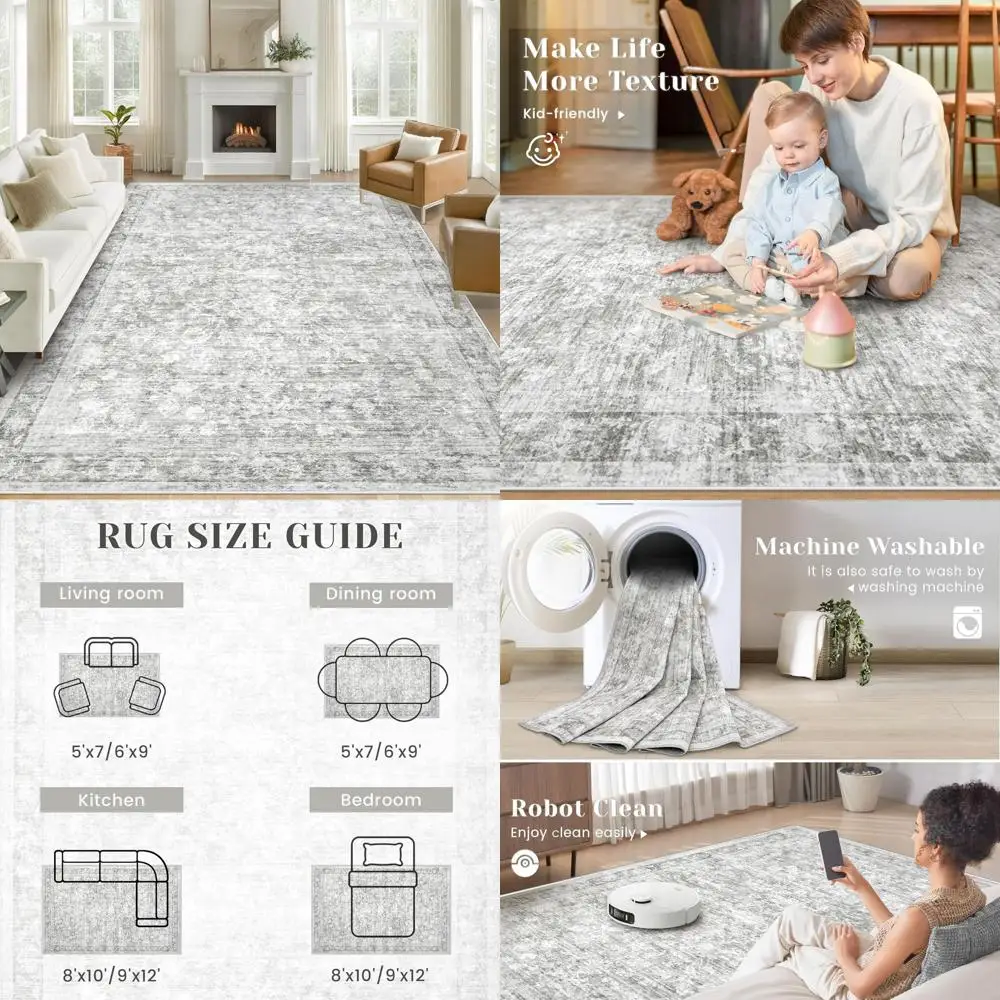 

Серый коврик 8x10 с винтажным цветочным принтом — моющийся, с низким ворсом, нескользящий, в стиле бохо для гостиной, спальни и домашнего офиса