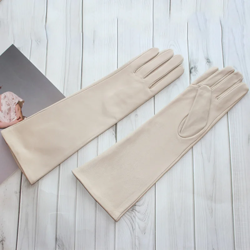 New Women's Long Sheepskin Gloves Thin Silk Inner Touch Screen Solid Color Leather Gloves