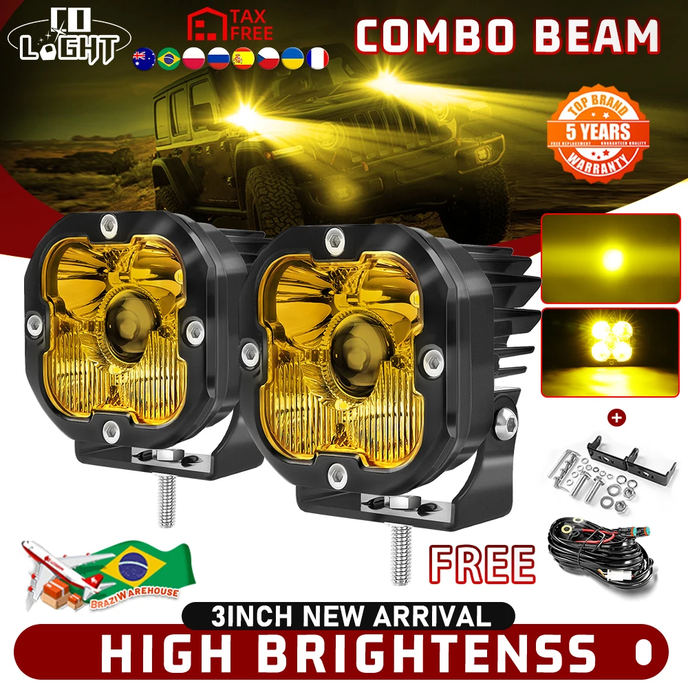 

CO LIGHT 3" LED Pods DRL Flood Spot Combo Offroad Driving Spotlight Amber Fog Light Cube Auxiliary Flood Lights for Car Truck