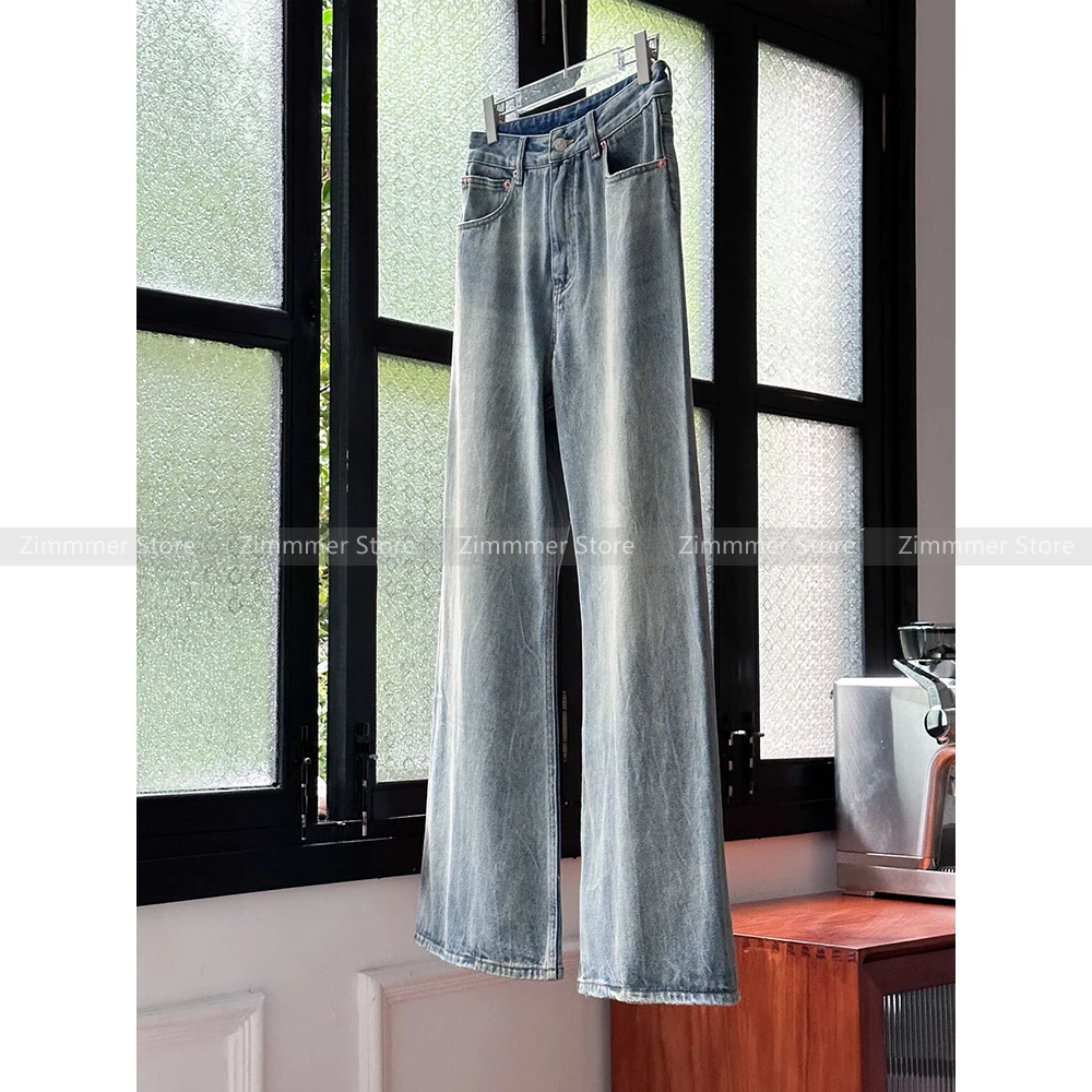 

2024 Spring and summer new new old worn white washed cotton thin show leg length loose high waist wide leg jeans