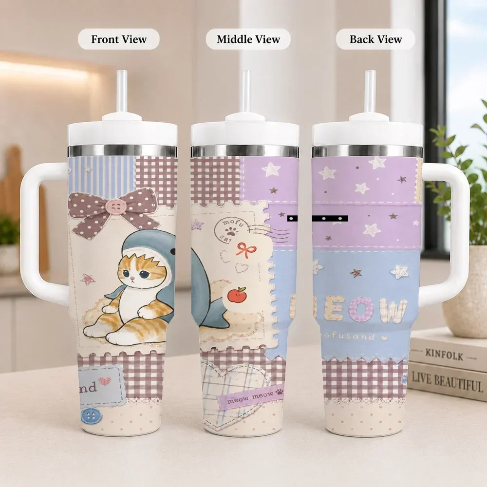 40oz Cute Shark Cat Patchwork Quilt Style Tumbler With Handle And Straw Stainless Steel Insulated Travel Mug Full Wrap Print Large Capacity Coffee Cup Gift For Cat Lovers