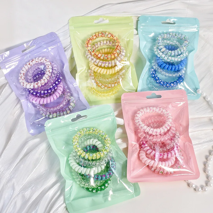 5pcs Set Telephone Cord Scrunchies Spiral Hair Ties Gradient Color Checkered Print Phone Cord Elastic Hair Band Hair Accessories