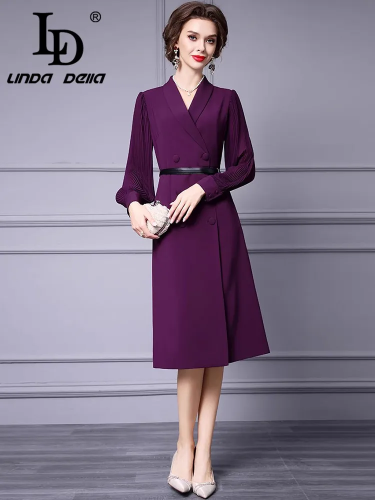 

LD LINDA DELLA Autumn Winter Commuter Solid Color Women's Dress Notched Lantern Sleeved Double Breasted Lace-UP Slim Dresses