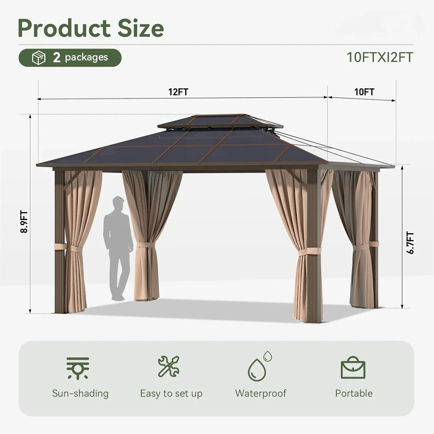 Pavilhão permanente com cortinas e rede, gazebo externo de policarbonato, dossel duplo de telhado, para jardins, patios, gramados