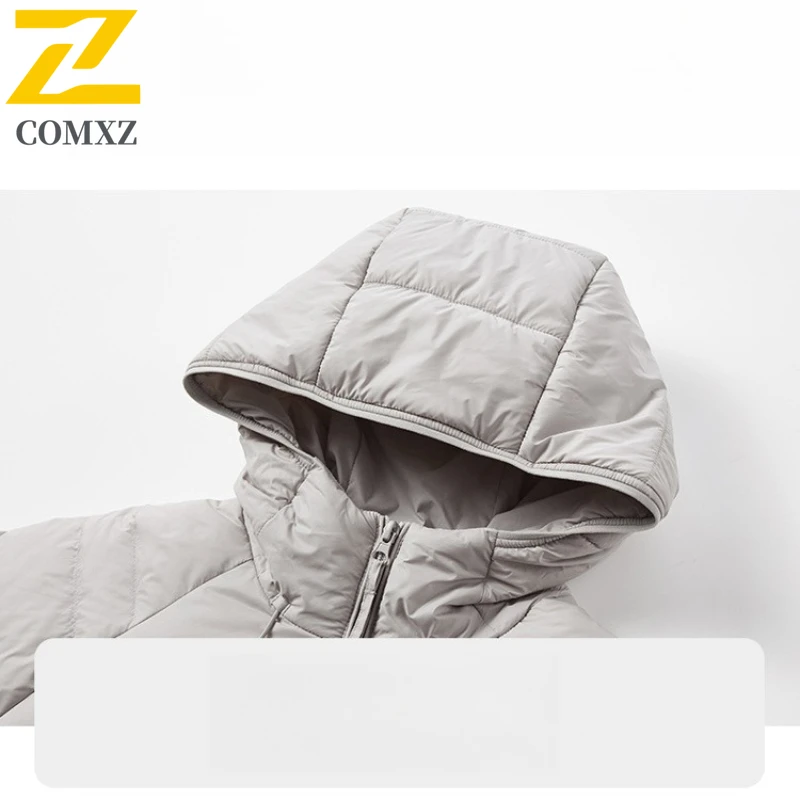 Men White Duck Down Lightweight Stand Collar Hooded Warm Winter Hiking Travel Winter Jacket Skiing Windproof Short Down Jacket