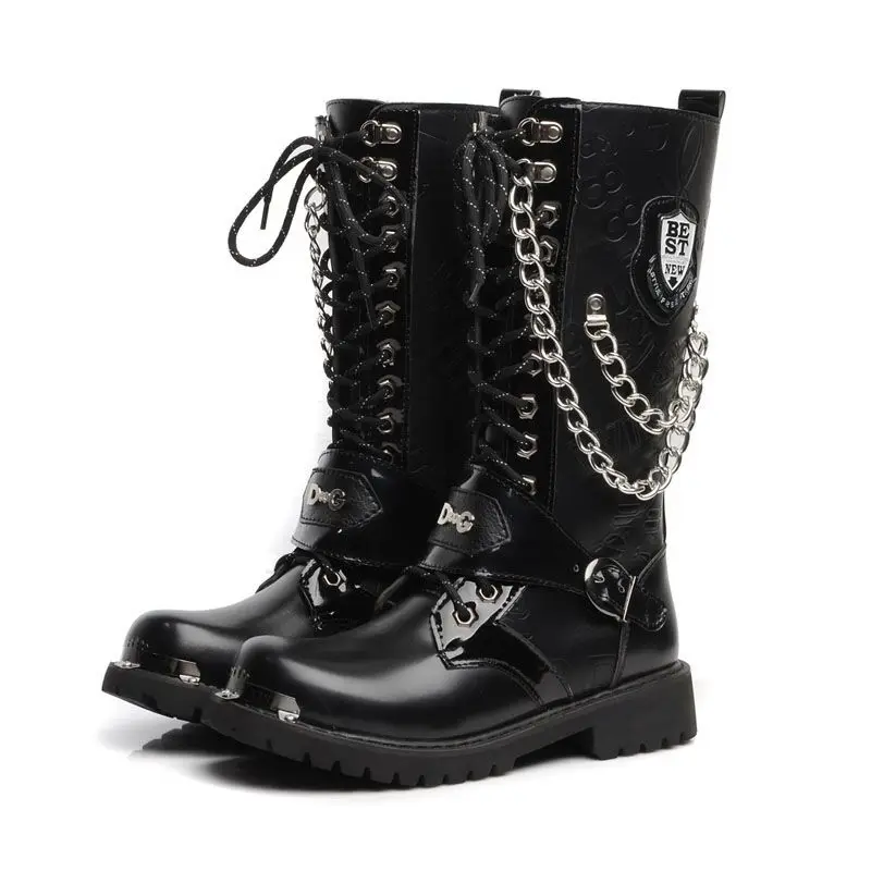 

2023 New Fashion Men Boots Punk Style Chain Motorcycle Boots Appliques Thick Sole Shoes Big Size 38-46 Comfortable Walking Shoes