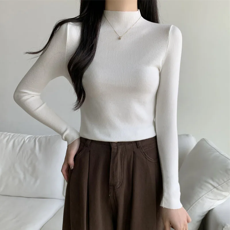 محبوك سترة المرأة البلوفرات الجديدة طويلة الأكمام وهمية الرقبة الأبيض متماسكة سترة البلوز المرأة بلايز البلوزات Sueters De Mujer Q1535