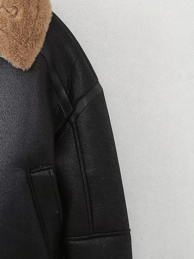 レディース新作秋物フリップカラーロングスリーブファー一体型フリース両面ショートジャケットコート