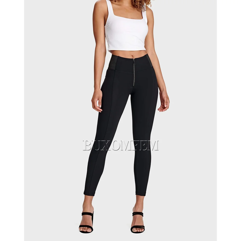 Slimming Zip-Up Hip Lift Tight Pants Classic Black Compressing High Waisted Leggings Soild Straight Leg Wrap Hips Daily Trousers