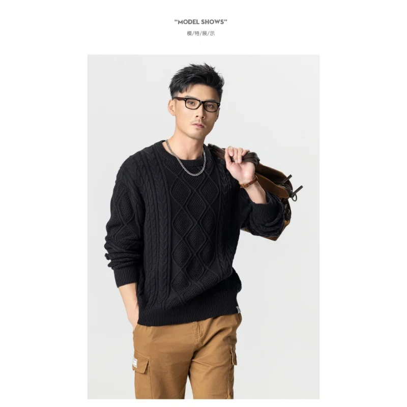 American retro knit sweater men loose round neck men twisted casual tops lazy wind versatile Large size sweater