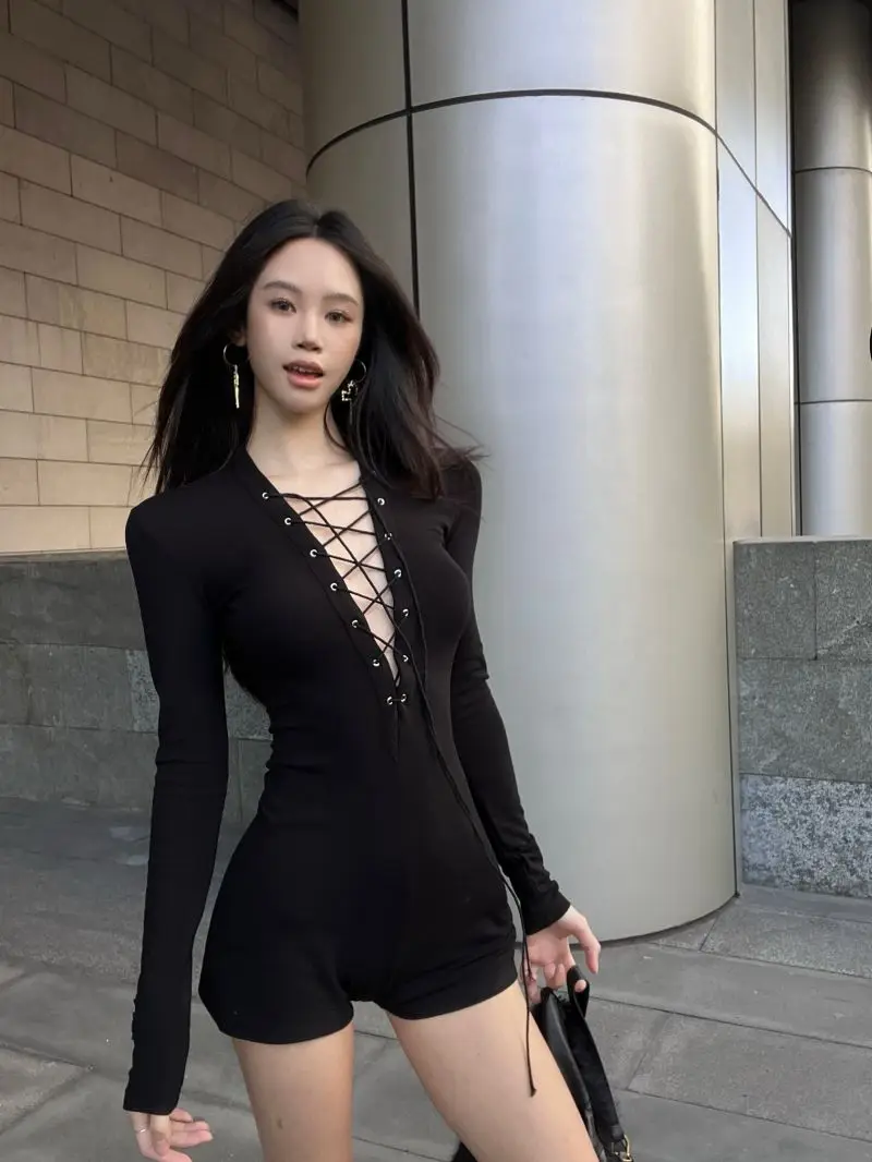 Bodysuit Sexy Women Clothes Gothic Korea Streetwear Bandage Long sleeves Jumpsuit Hot Girl Kpop Bodysuits coquettish Overalls