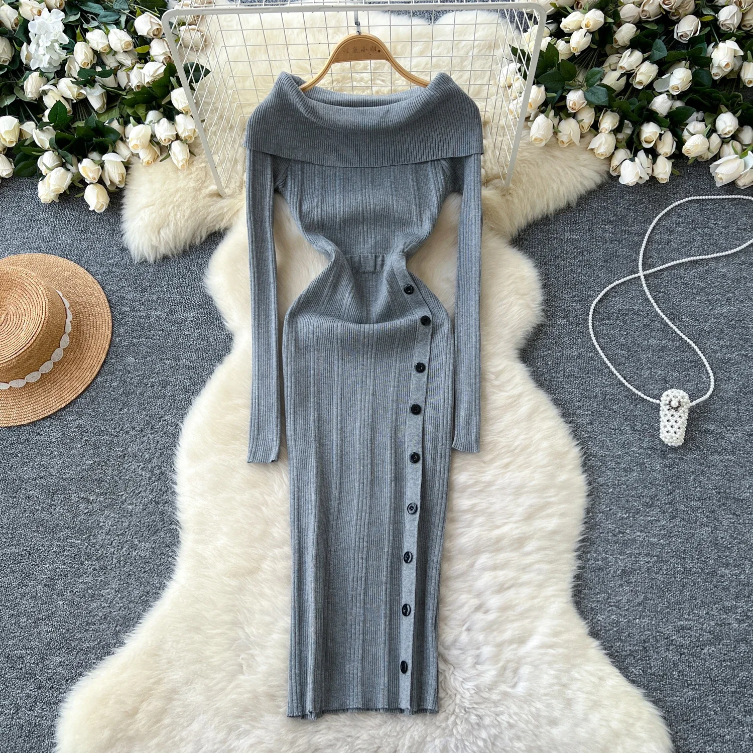 Elegant Turn-down Collar Vintage Long Sleeve Patchwork Buttons Slim Knit Dress Korean Evening High Street Autumn Winter Clothing