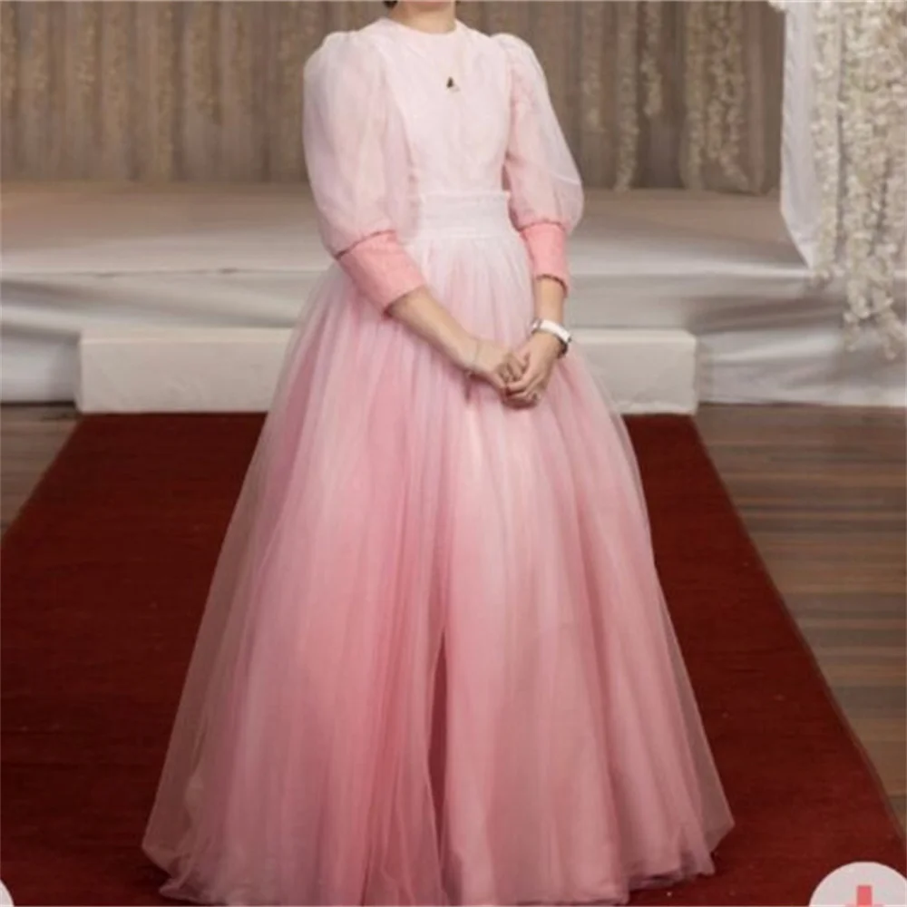 

Elegant Pink Long Puff SleeveTulle A-Line Flower Girl Dress Floor Length Long Ball First Communion Ball Gowns Customized