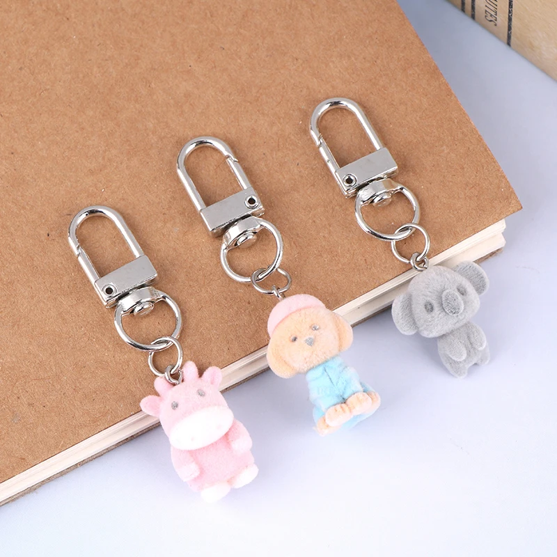 3D Cute Flocking Puppy Calf Koala Plush Keychain Cartoon Flocked Dog Keyring Animal Pendant Backpack Charms Car Bag Decor Gifts