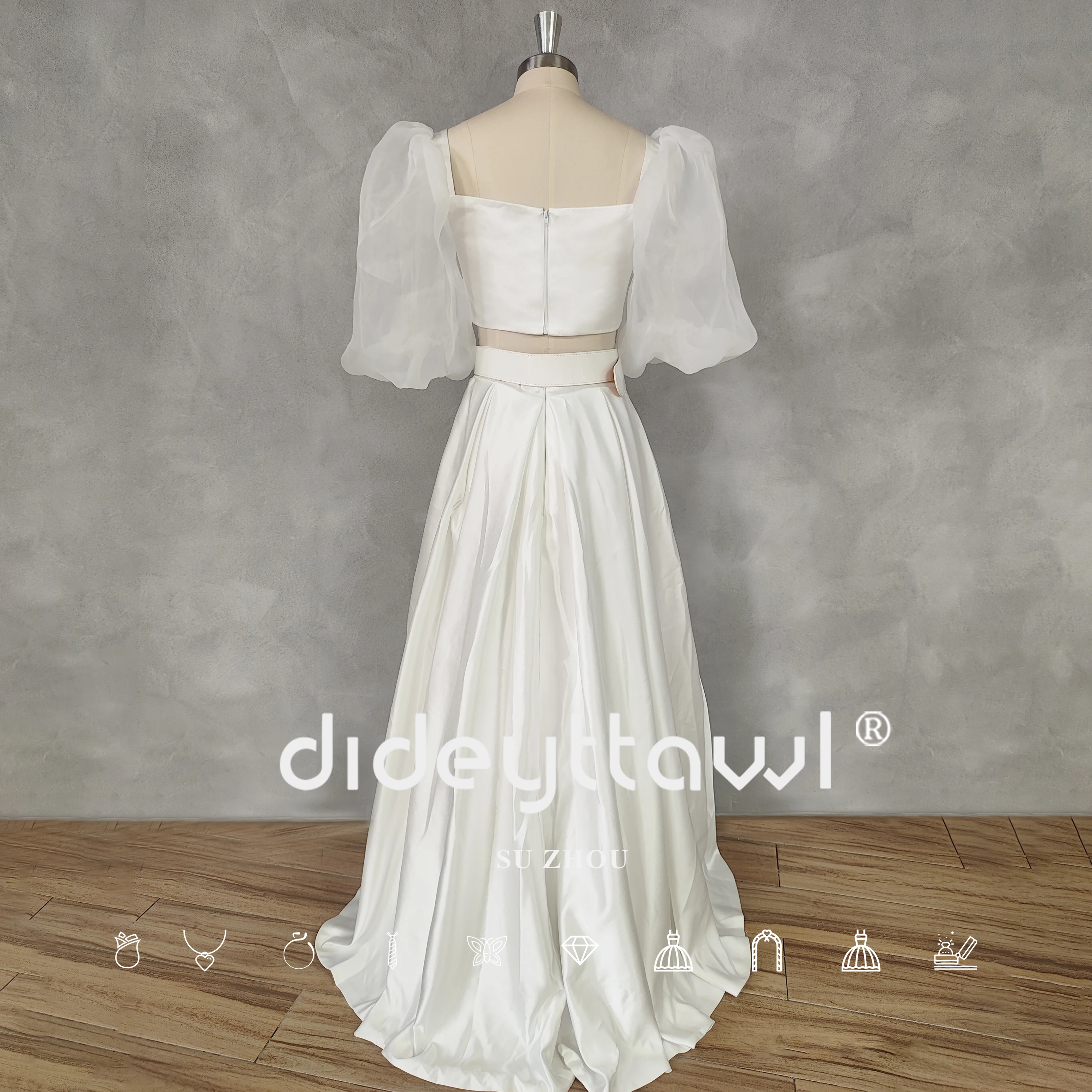 DIDEYTTAWL Real Picture Two Pieces Square-Neck A-Line Lace Top Satin Wedding Dress Zipper Back Court Train Bridal Gown