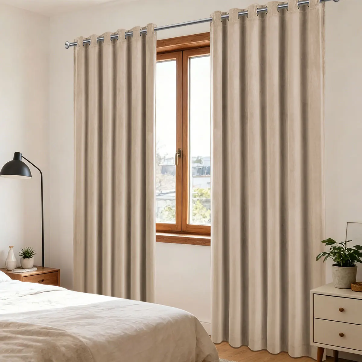 Light Beige Velvet Grommet Curtain, Light Blocking Privacy Drape for Minimalist Living Room Bedroom Balcony Home Decor