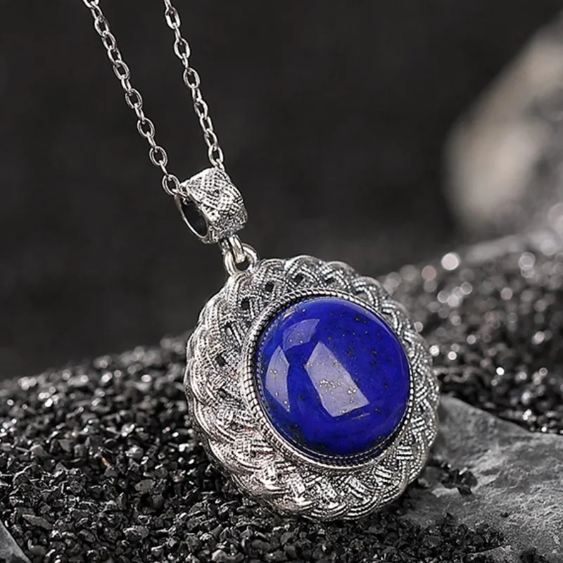 Genuine S925 Sterling Silver Pendants for Women Men New Fashion Round Lapis Lazuli Vintage Weaven Pattern Elegant Trendy Jewelry