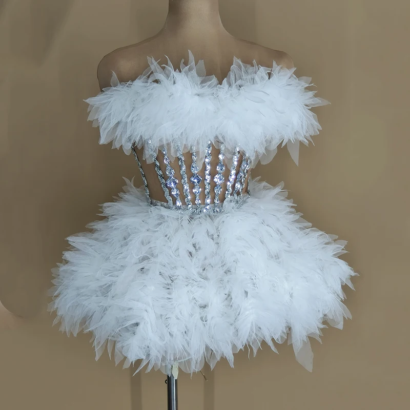 Halloween Costume Fluff Sexy Rhinestones Dress Nightclub Bar Dj Performance Costumes Women Gogo Dancers Stage Outfits DN16538