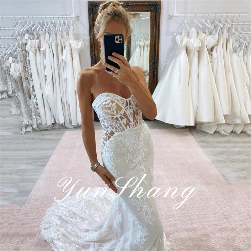 Yunshang Elegante Zeemeermin Trouwjurk Vrouwen 2024 Lieverd Kanten Open Rug Strapless Bruidsjurk Sweep Trein Vestidos De Novia