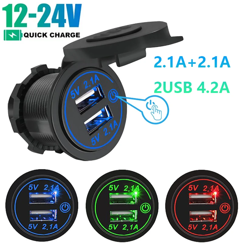 4.2A Dual USB Charger Socket with Button Switch 12V 24V Car Charger Socket Power Outlet For Car Truck ATV Boat Motorcycle