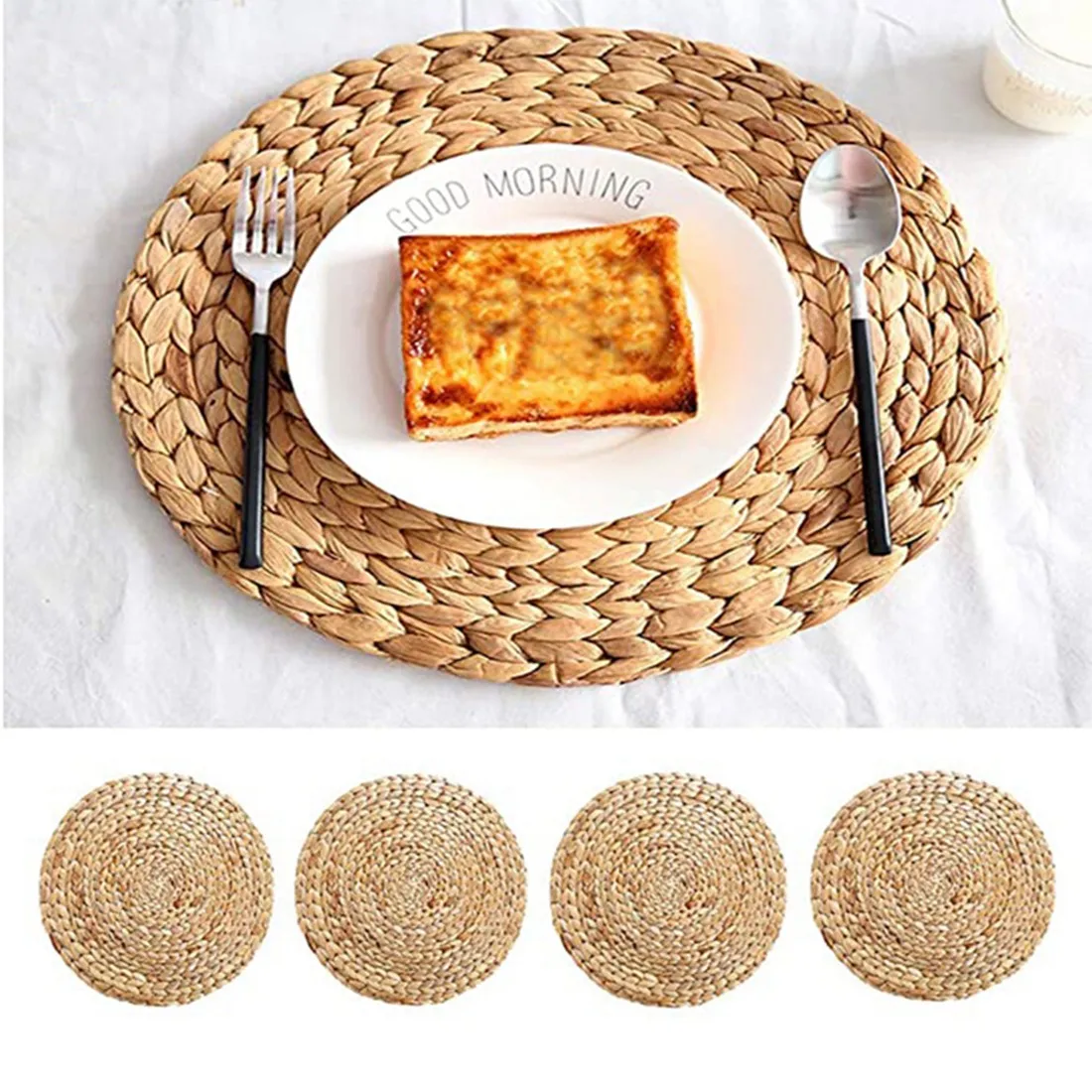 Round Woven Rattan Placemats, Natural Wicker Mats, Water Hyacinth Straw Braided Placemats, Set of 6