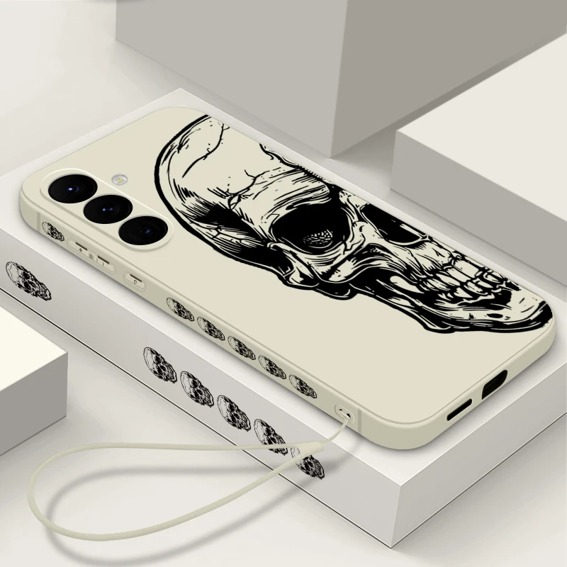 Soft TPU Lanyard Case For Samsung Galaxy S26 S24 S25 Ultra S23 S24 FE A17 A56 A55 A36 A15 A16 A25 Black Skull Print Back Cover