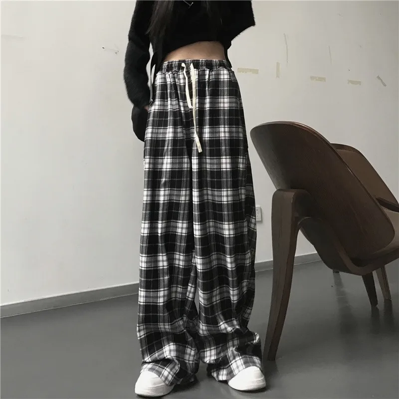 Autumn New Casual Sports Pants Fashion Black Checkered Pants Loose Elastic Waist Pocket Wide Leg Pants