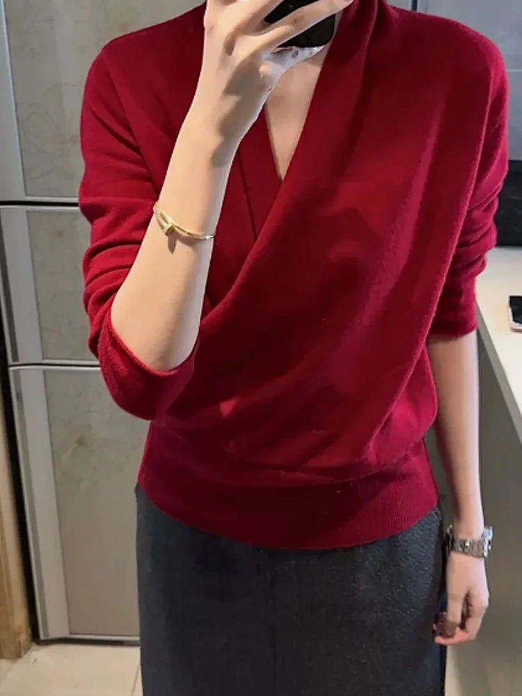 Ele V-Ne Cross Design Strickpullover Casual Commute Long Sve Einzigartiges Top Damen French Sle Loose Fit Farbe