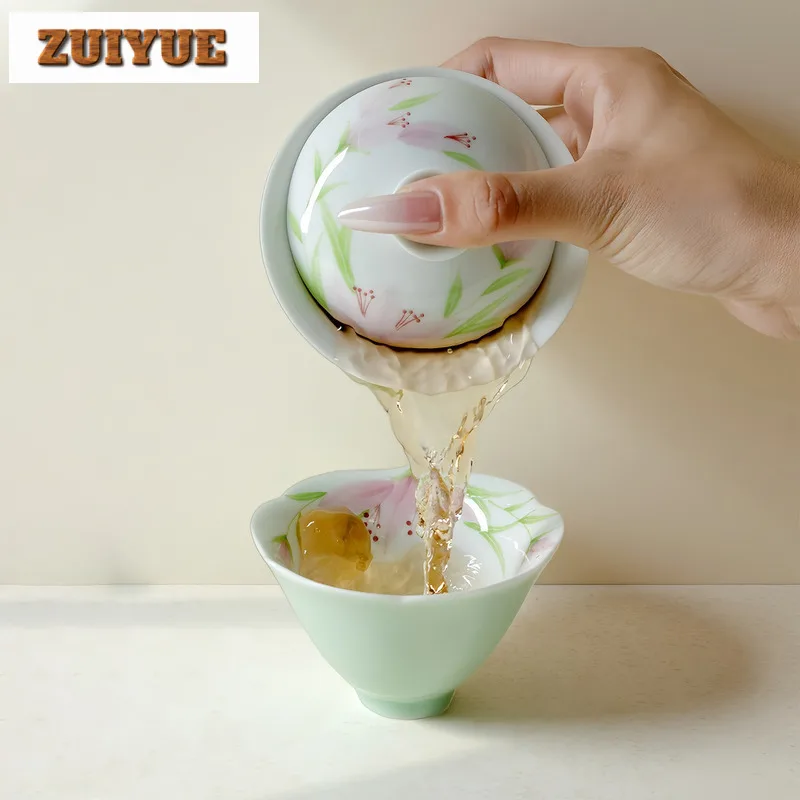 130 مللي الأخضر رسمت باليد الزنبق البري Gaiwan خمر الشاي تورين براد شاي مع غطاء عدة صنع الشاي غطاء وعاء درينكوير الديكور #3