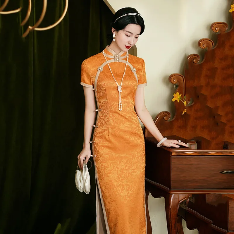 

Длинное платье Cheongsam в китайском стиле, новинка 2025, стильное платье Ципао в стиле ретро с короткими рукавами для молодых женщин