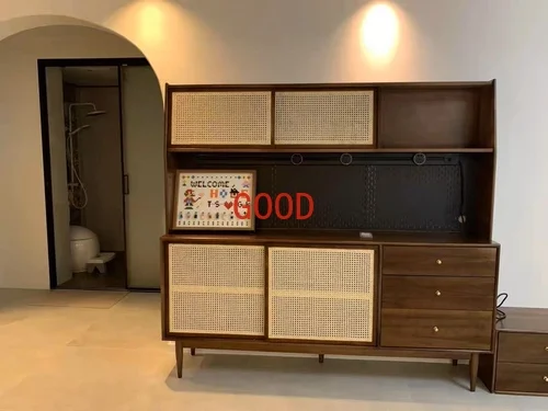 Solid Wood Sideboard Integrated High Cabinet Walnut Color