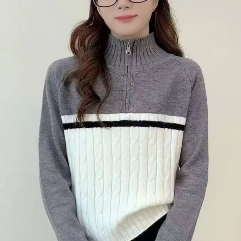 Lapel Half Zipper Turtleneck Knitted Jacket Sweater Autumn and Winter Fashion Loose Color Combination New Style