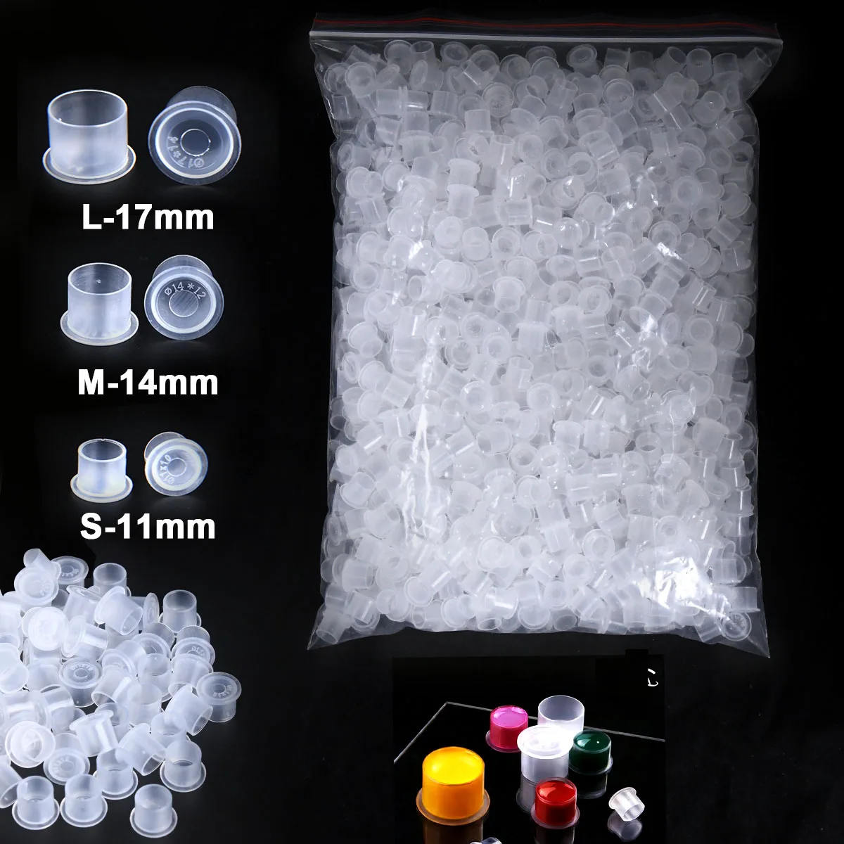 1000/500/100pcs Plastic Tattoo Ink Cups Caps 17mm 14mm 11mm Clear self standing Ink Caps Tattoo Pigment Cups Supply for ink