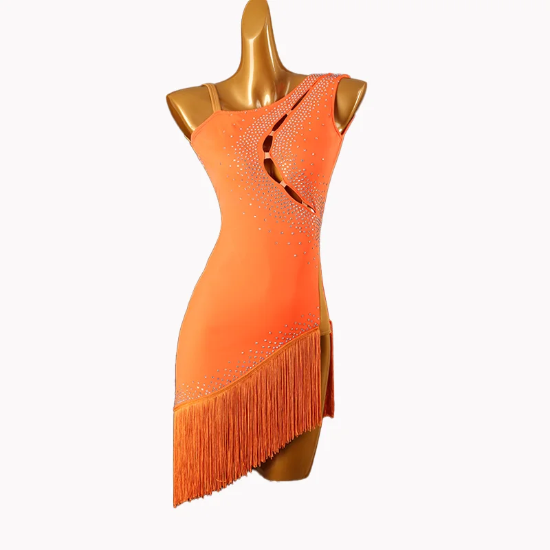 New orange Adult Women Latin Dance Tassel Competition Dress Sexy Ballroom Show Clothes Costume Ladies Evening Wear Bodycon Skirt