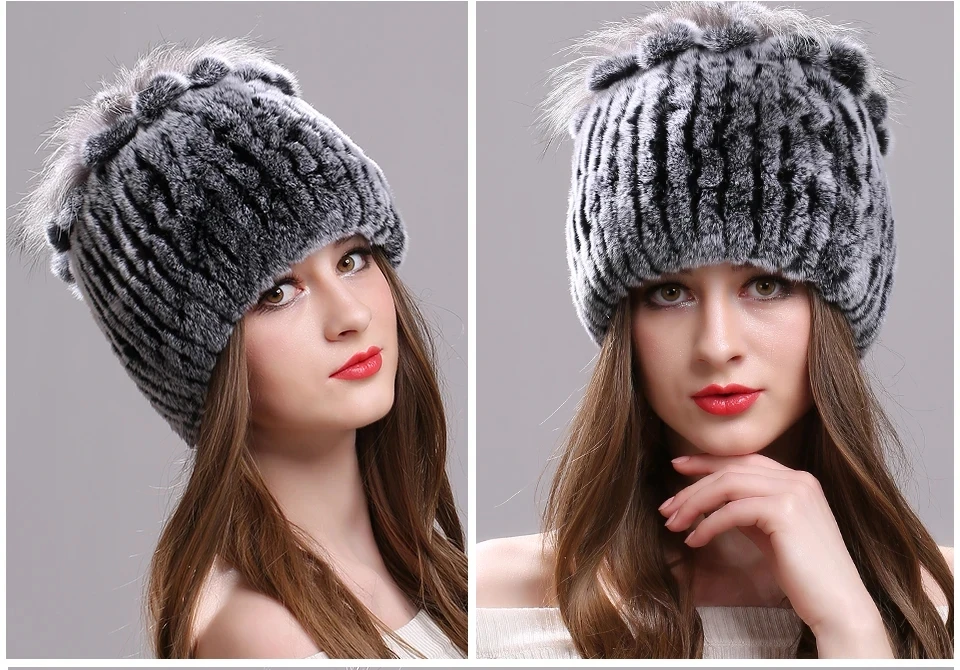 Strickmütze für Damen, 100 % echte Rex-Kaninchenfellmütze mit Blumen, Oberteile, warme, hochwertige Beanie-Damenmütze aus echtem Pelz für den Winter – Detail 30