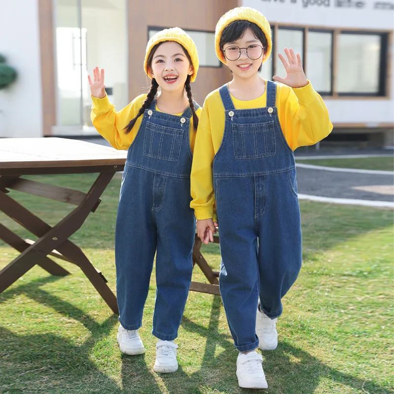 Neue Kinder-Jeans-Latzhose Gelbes Handwerker-Familienkostüm Overall Verkleidung für Mädchen und Jungen Karneval Party Halloween-Kostüm