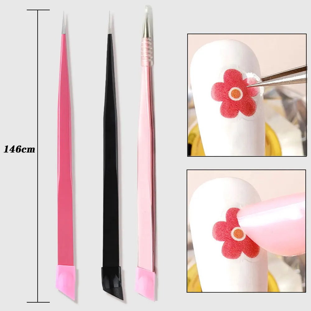 146mm Multifunction Double Ended Nail Tweezers Stainless Steel Silicone Pressing Head Nail Art Tweezers Rhinestone Stickers Jewe