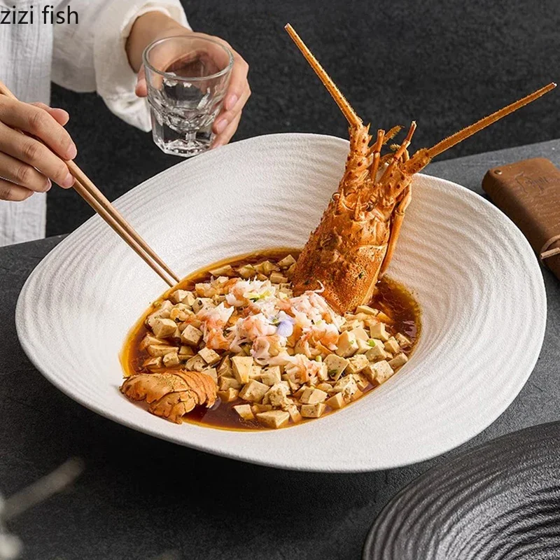 

Solid Color Threaded Straw Hat Plate Ceramic Sashimi Plate Dry Ice Seafood Plate Serving Plates Hotel Specialty Tableware