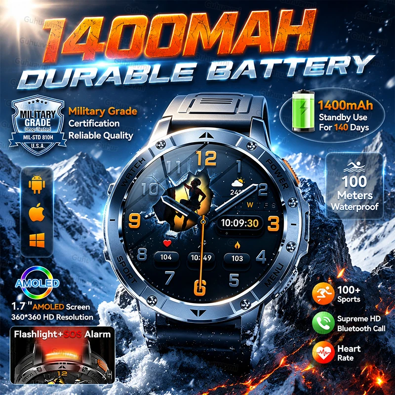 Nouvelle montre connectée militaire avec batterie de 1400 mAh, grand écran AMOLED de 1,7 pouce, suivi GPS sportif, appels Bluetooth, fréquence cardiaque, montres intelligentes pour homme 2026