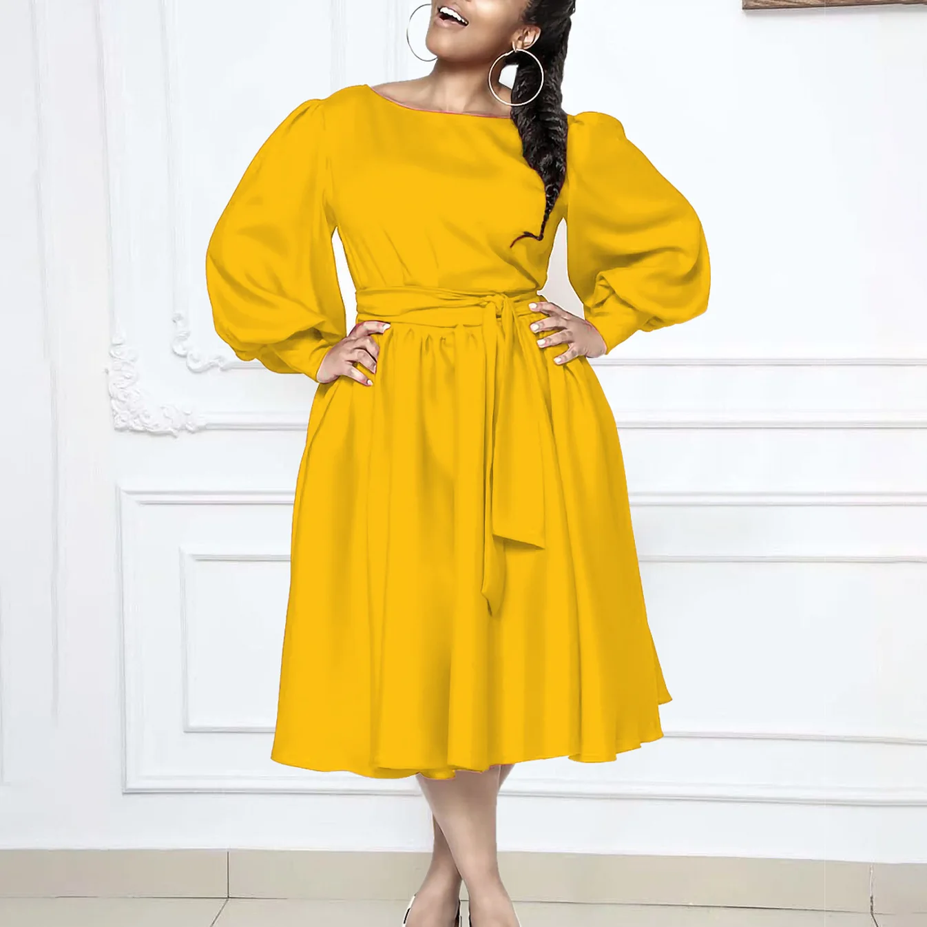 2024 Spring Fashion African Long Sleeve O-neck Blue Yellow Rose Red Polyester Party Evening Midi Dress Dashiki Africa Clothing