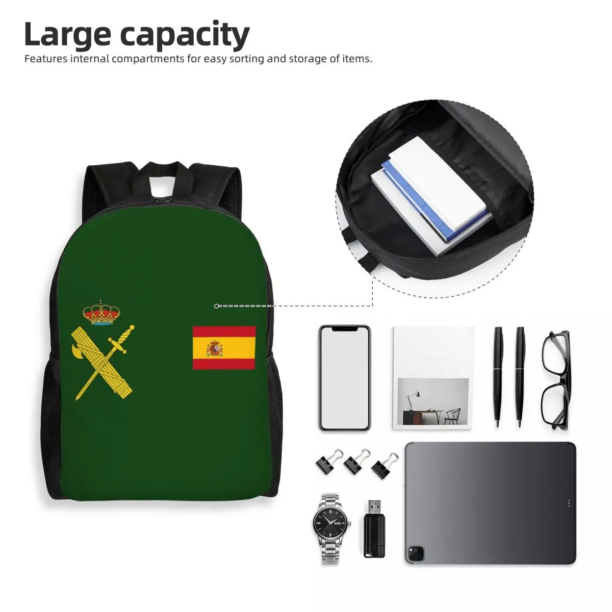 Spain Flag Plus Emblem Civil Guard Backpack Student Boys Girls BookBag School Bag Laptop Shoulder Bags