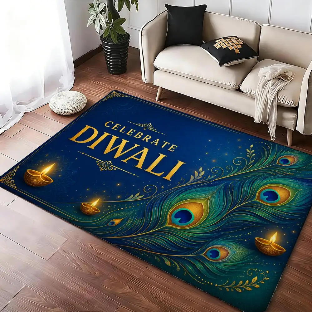 Peacock Feather Diwali Banner Floor Mat Soft Thickened Absorbent Non-Slip Bedroom Living Room Door Mat Home Decor Flannel Rugs
