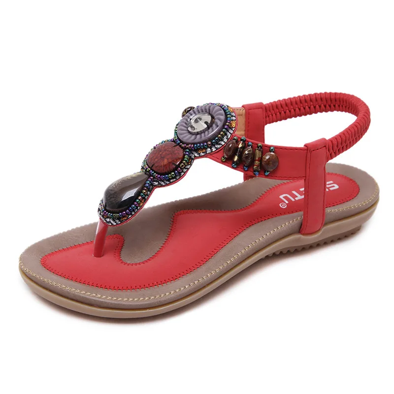 SIKETU Brand Summer Fashion 2022 BOHO Retro Beaded Jeweled Sandals donna Beach tacchi piatti Extoic Sweet T-strap Shoes Clip Toe 42