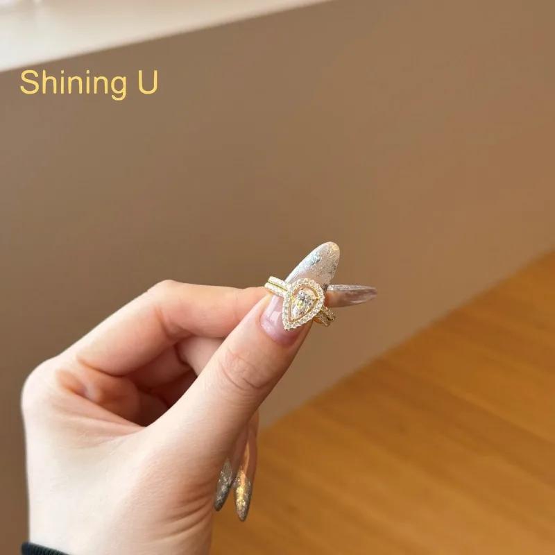 

Shining U S925 Silver Pear Zircon Gems Ring for Women Fine Jewlery Anniversary