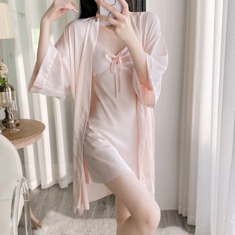 

Женский комплект-двойной халат во французском стиле, ночная рубашка, сексуальная шелковистая атласная ночная рубашка, нижнее белье, весна-лето, новая одежда для сна, домашняя одежда